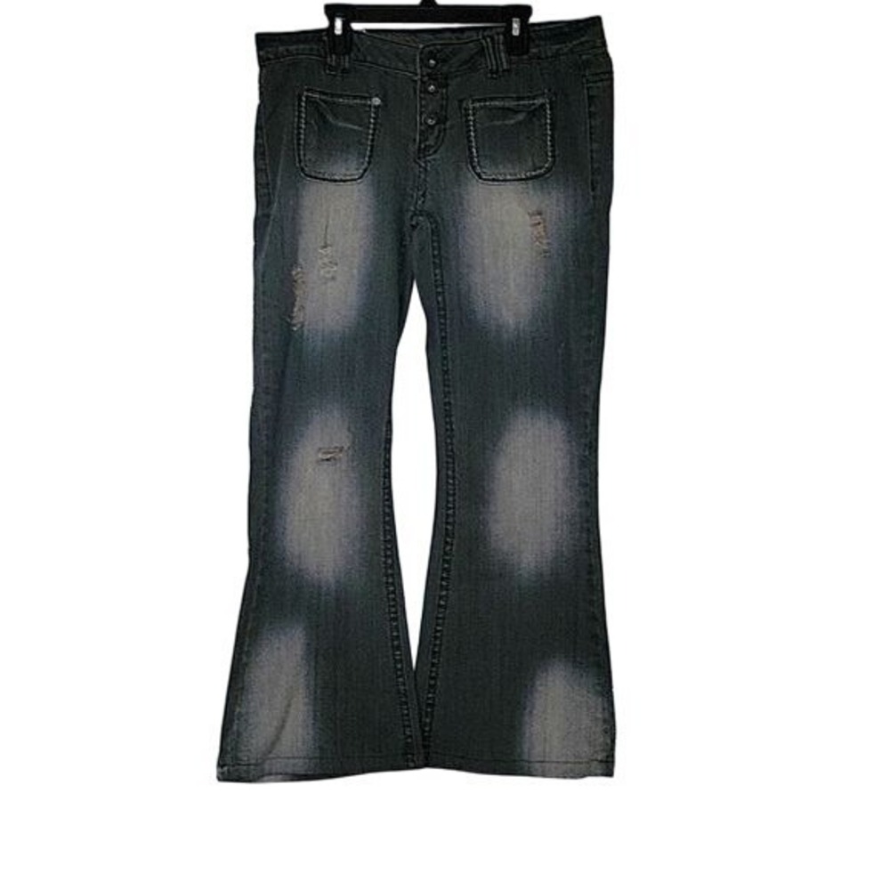 1ST KISS Vintage 3 button closure Grey Distressed Jeans Flare Wide Leg Junior 13